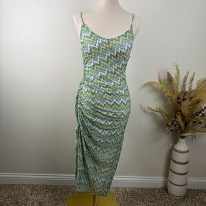 NEW No Comment Size Large Green ZigZag Ruched Mesh Spaghetti Strap Midi Dress